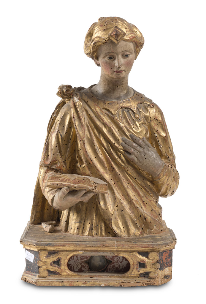 UMBRIAN SCULPTOR, 17TH CENTURY BUST WITH RELICS OF SAINT VICTORIA MARTYR Wooden sculpture gilded