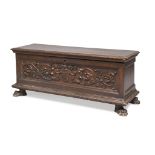 CHEST BENCH IN WALNUT, CENTRAL ITALY, END 16TH CENTURY with sculpted front to grotesque, twisted