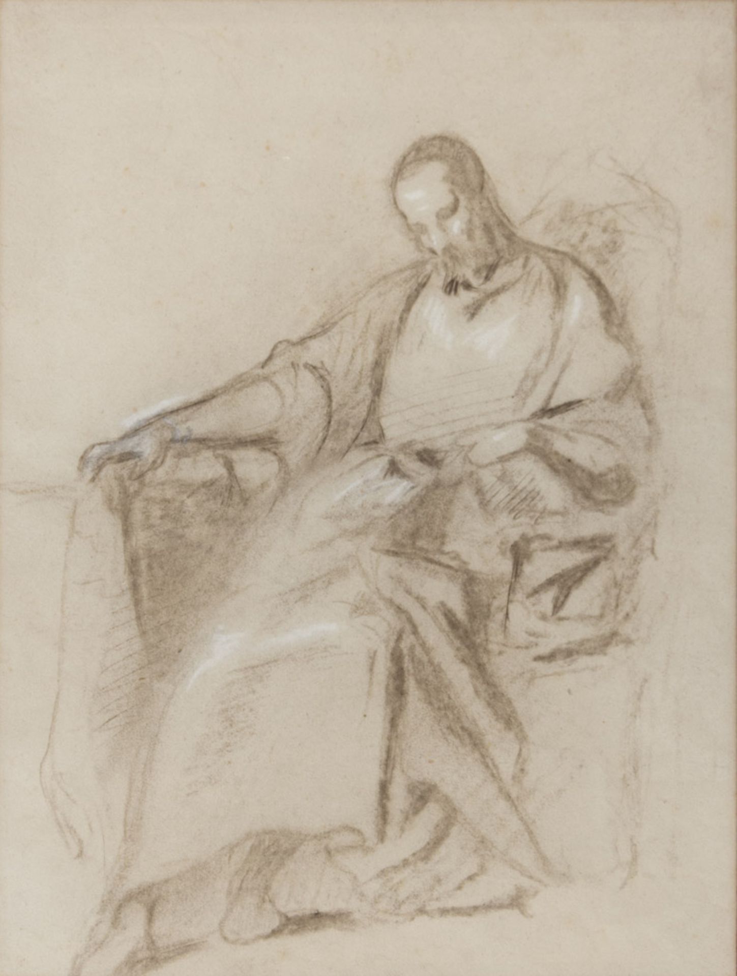 ITALIAN PAINTER, LATE 19TH CENTURY SEATED PHILOSOPHER Pencil and white lead on paper, cm. 27 x 20