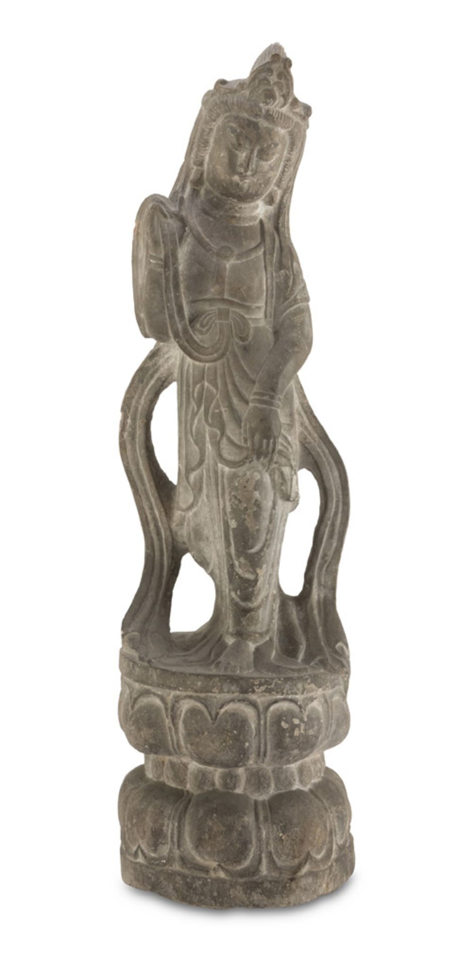 BEAUTIFUL STONE SCULPTURE, CHINA 20TH CENTURY representing Guanyin leaning on a base of blooming