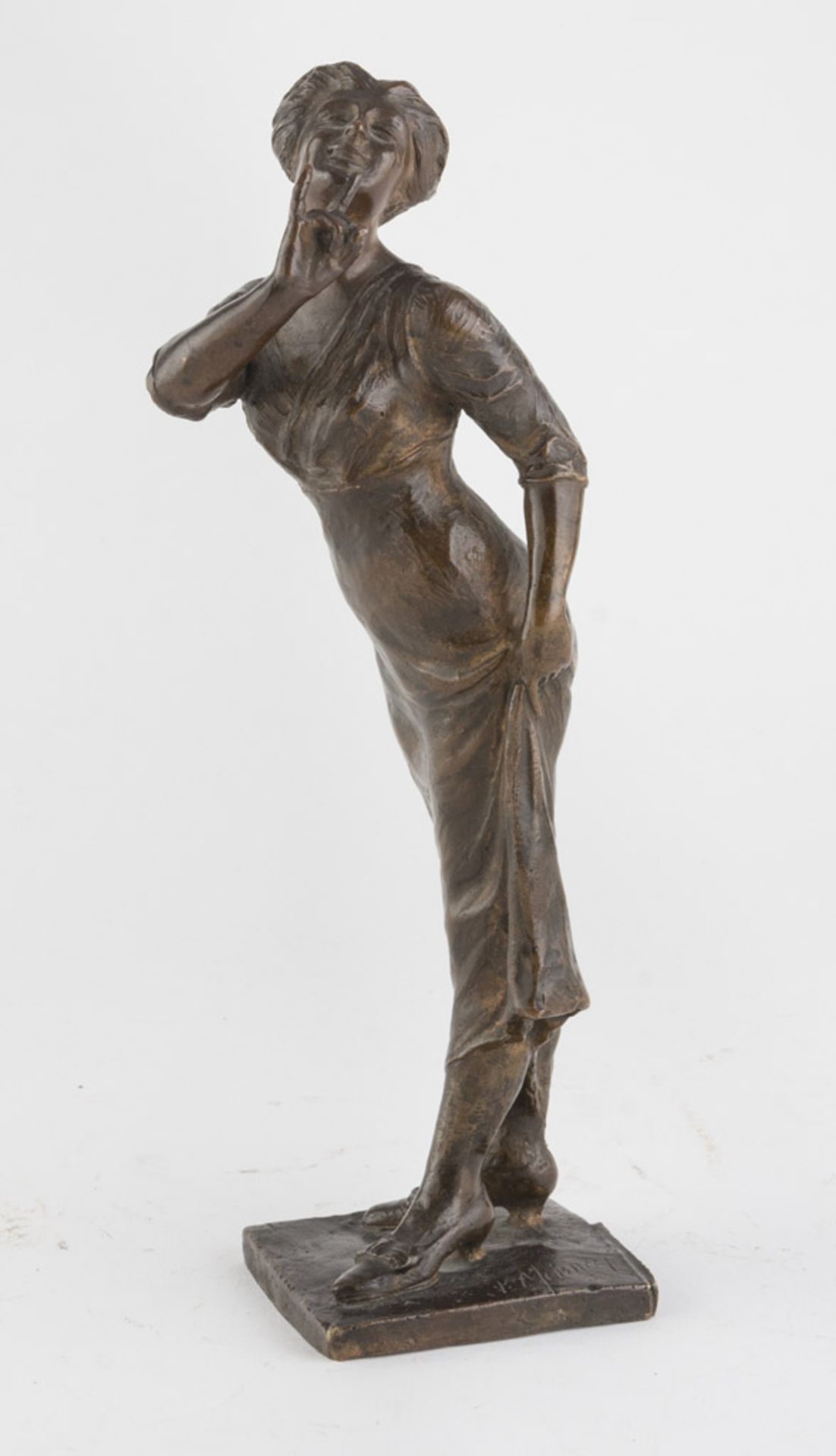 SCULPTOR LATE 19TH CENTURY WOMAN WITH SIGN OF GOOD WISH Brown patina bronze cm. 25 x 7 x 7 Signature - Bild 2 aus 2