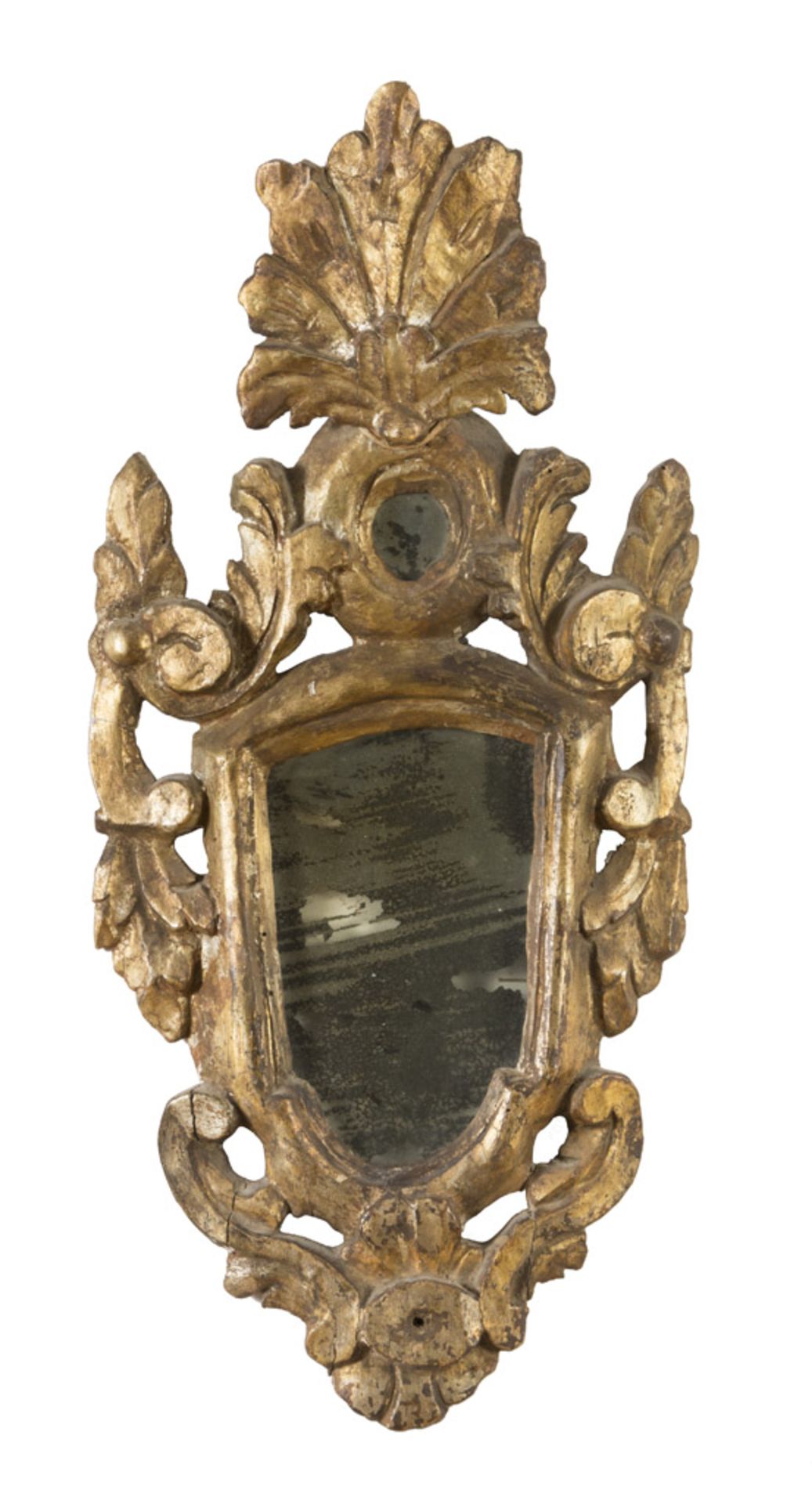 FOUR SMALL SMALL MIRRORS IN GILTWOOD, PROBABLY UMBRIA 18TH CENTURY frames sculpted to leaves, - Image 4 of 4