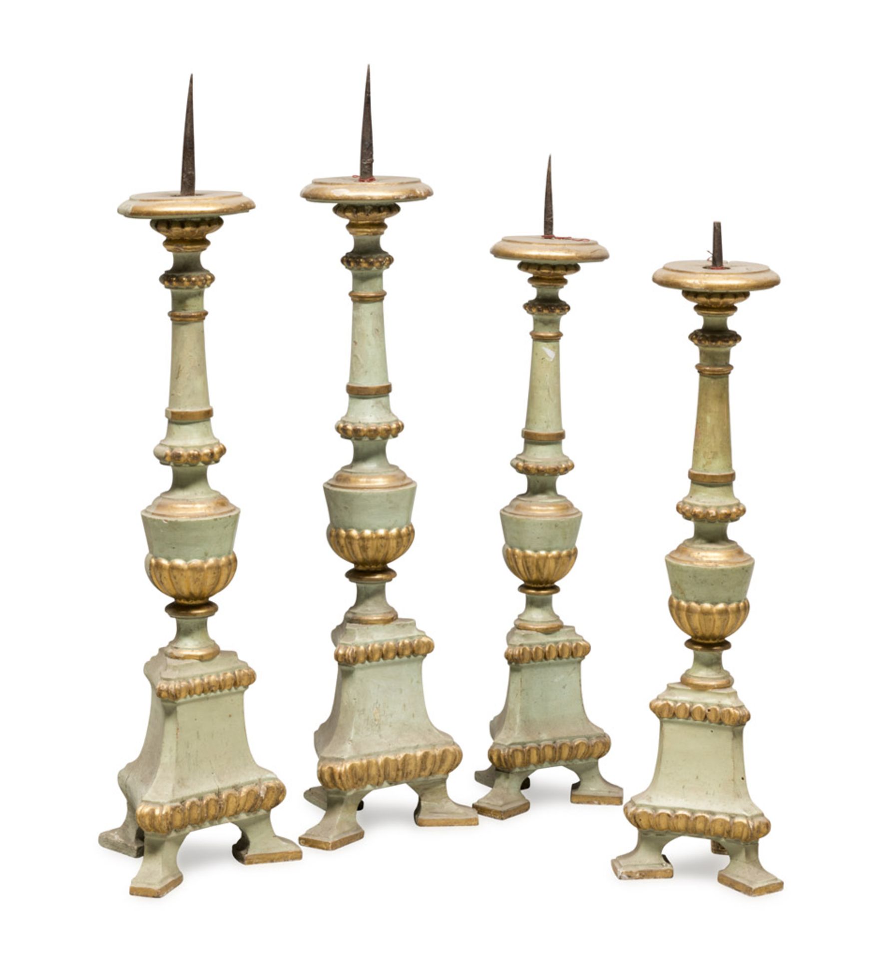 TWO PAIRS OF CANDLESTICKS IN GREEN LAQUERED WOOD, MARCHE 18TH CENTURY with gilded and fluted