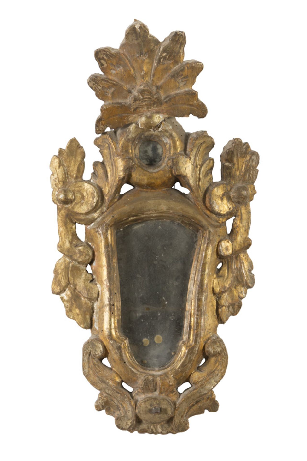FOUR SMALL SMALL MIRRORS IN GILTWOOD, PROBABLY UMBRIA 18TH CENTURY frames sculpted to leaves, - Image 3 of 4