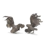 TWO FIGURES OF ROOSTERS IN SILVER, PUNCH KINGDOM OF ITALY 1872/1933 allover chiseled. Title 800/