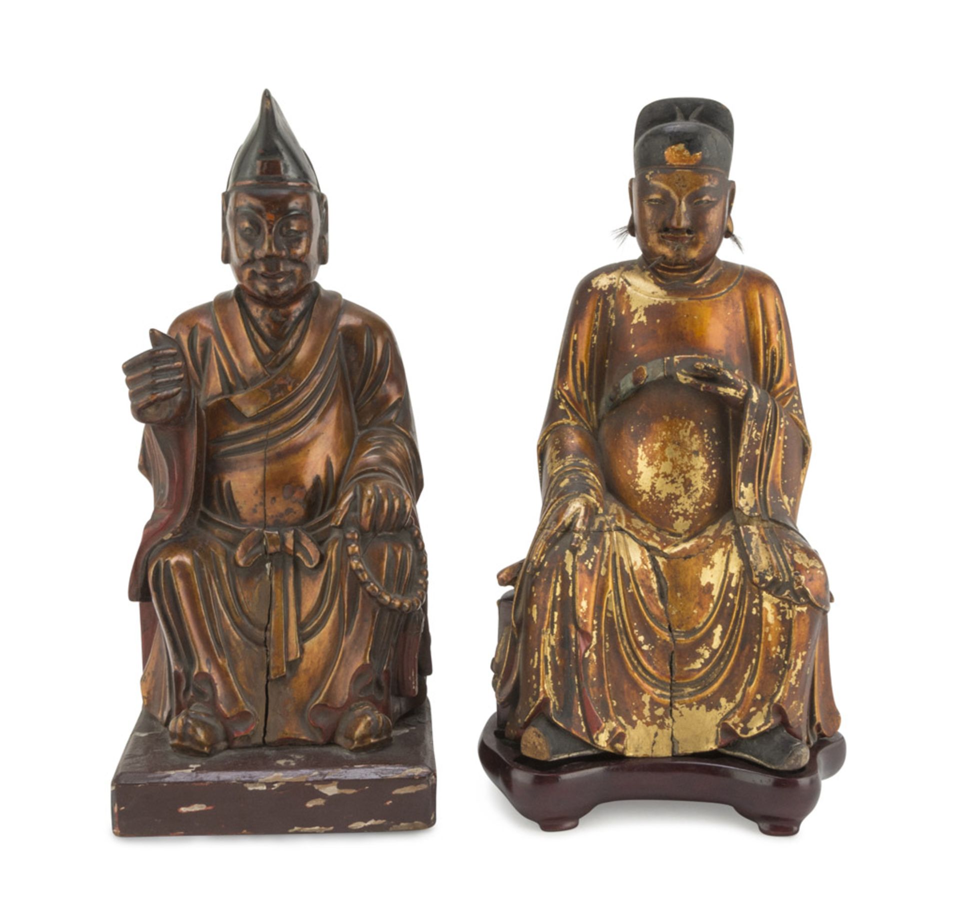 TWO SCULPTURES IN LACQUERED WOOD, CHINA EARLY 20TH CENTURY representing Wenchang seated on the