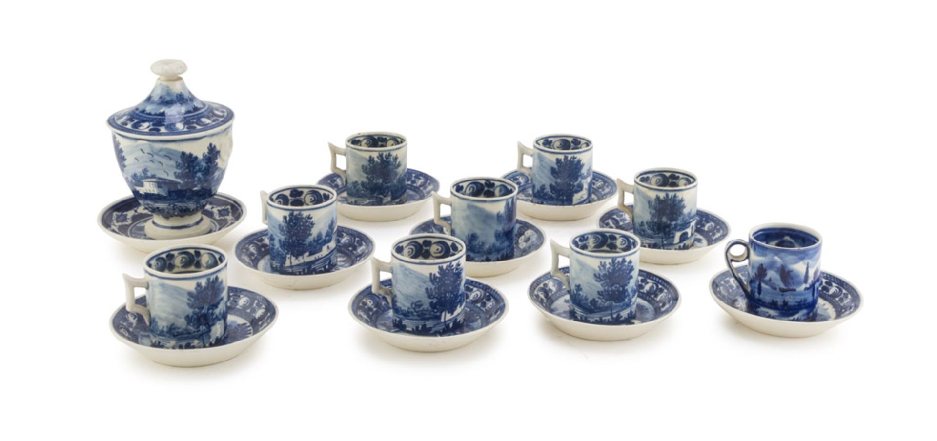 SET OF CERAMIC CUPS, ITALY 19TH CENTURY in white and blue enamel decorated with landscapes and