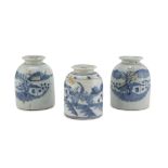 THREE SMALL WHITE AND BLUE PORCELAIN JARS, CHINA LATE 19TH-EARLY 20TH CENTURY decorated with wide