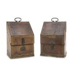 TWO CUTLERY BOXES IN WOOD AND LEATHER 18TH CENTURY with engravings in gold and initials 'B.B.', on