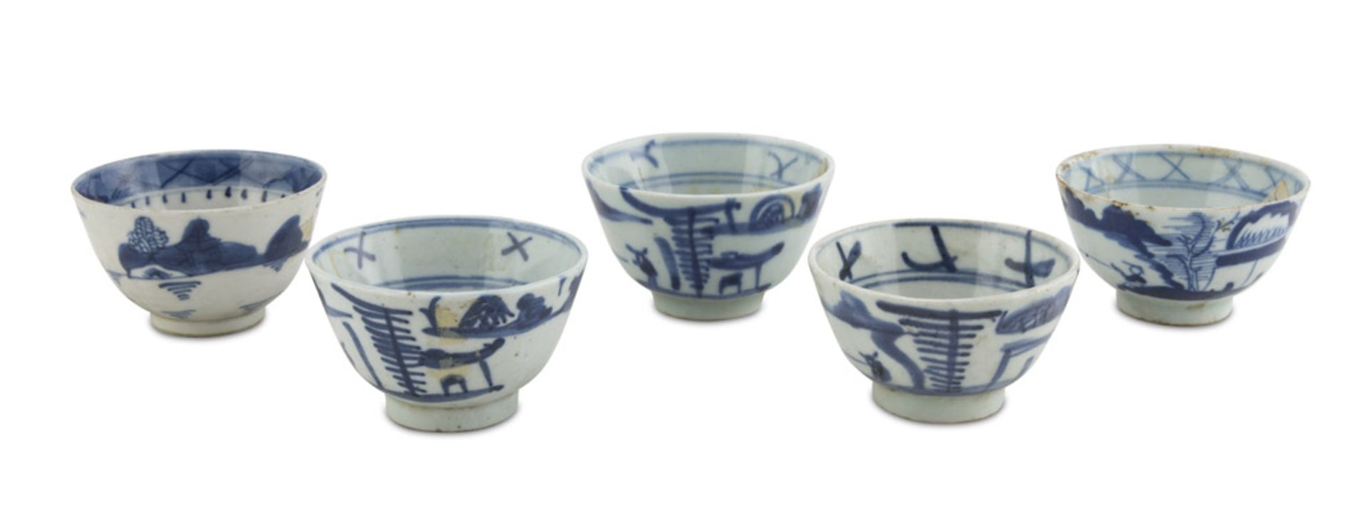 FIVE SMALL BOWLS, CHINA 19TH-20TH CENTURY decorated with landscapes, figures and boats. Measures cm.