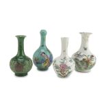 FOUR SMALL POLYCHROME ENAMELLED AND GLAZED CERAMIC VASES, CHINA 20TH CENTURY decorated with peonies,