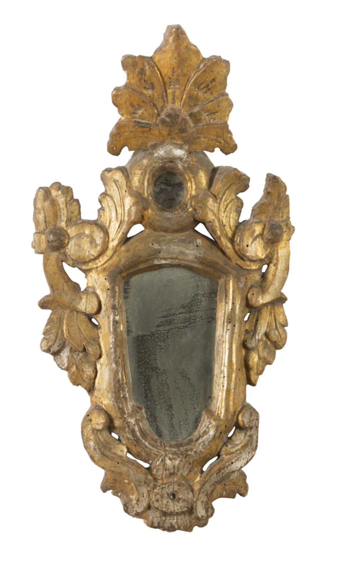 FOUR SMALL SMALL MIRRORS IN GILTWOOD, PROBABLY UMBRIA 18TH CENTURY frames sculpted to leaves, - Image 2 of 4