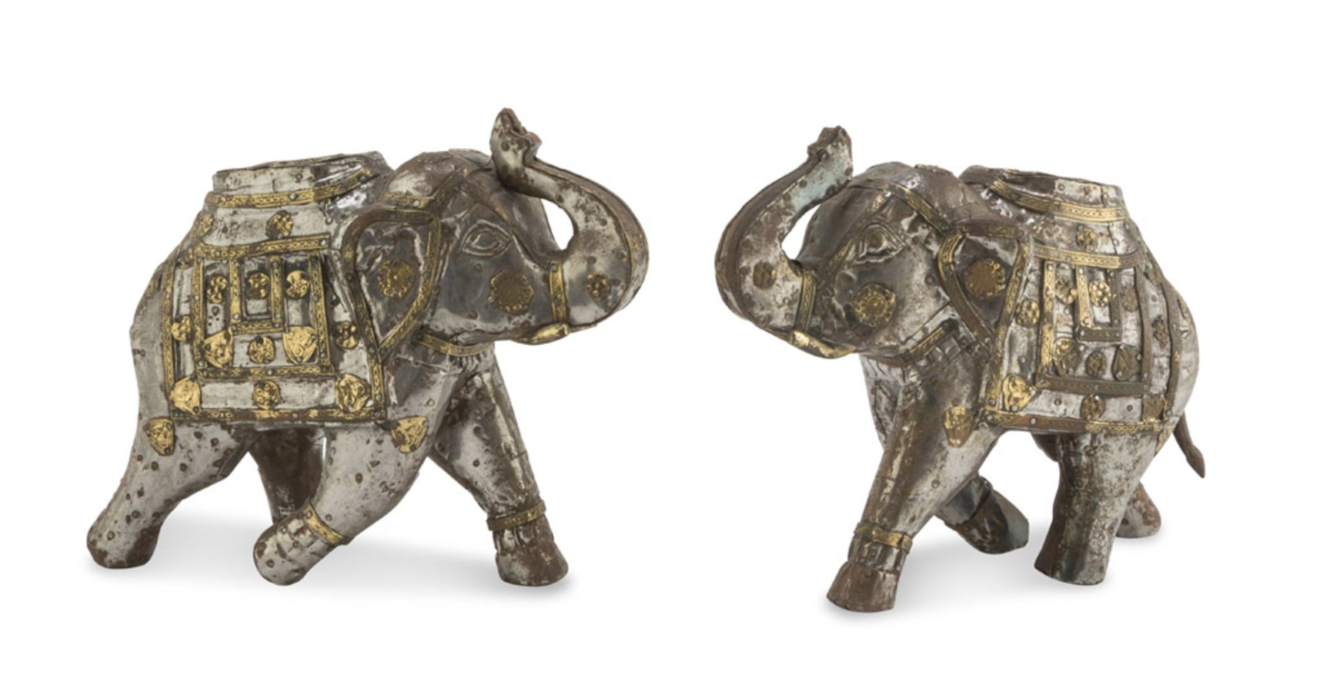 A PAIR OF METAL-COATED WOODEN SCULPTURES, INDIA 20TH CENTURY representing two elephants with
