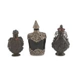 Three Silver SNUFF BOTTLES, China 19TH CENTURY body of one of them in horn. Chiselled to floral