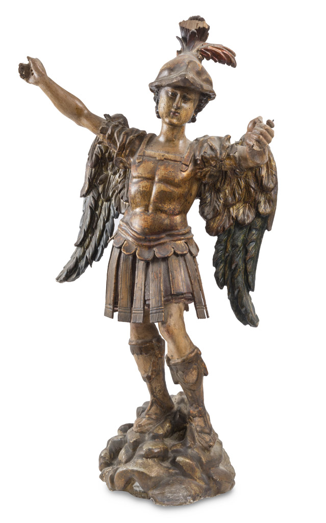 SPLENDID SCULPTURE OF ARCHANGEL ST. MICHAEL, CENTRAL ITALY 17TH CENTURY in polychrome and gold