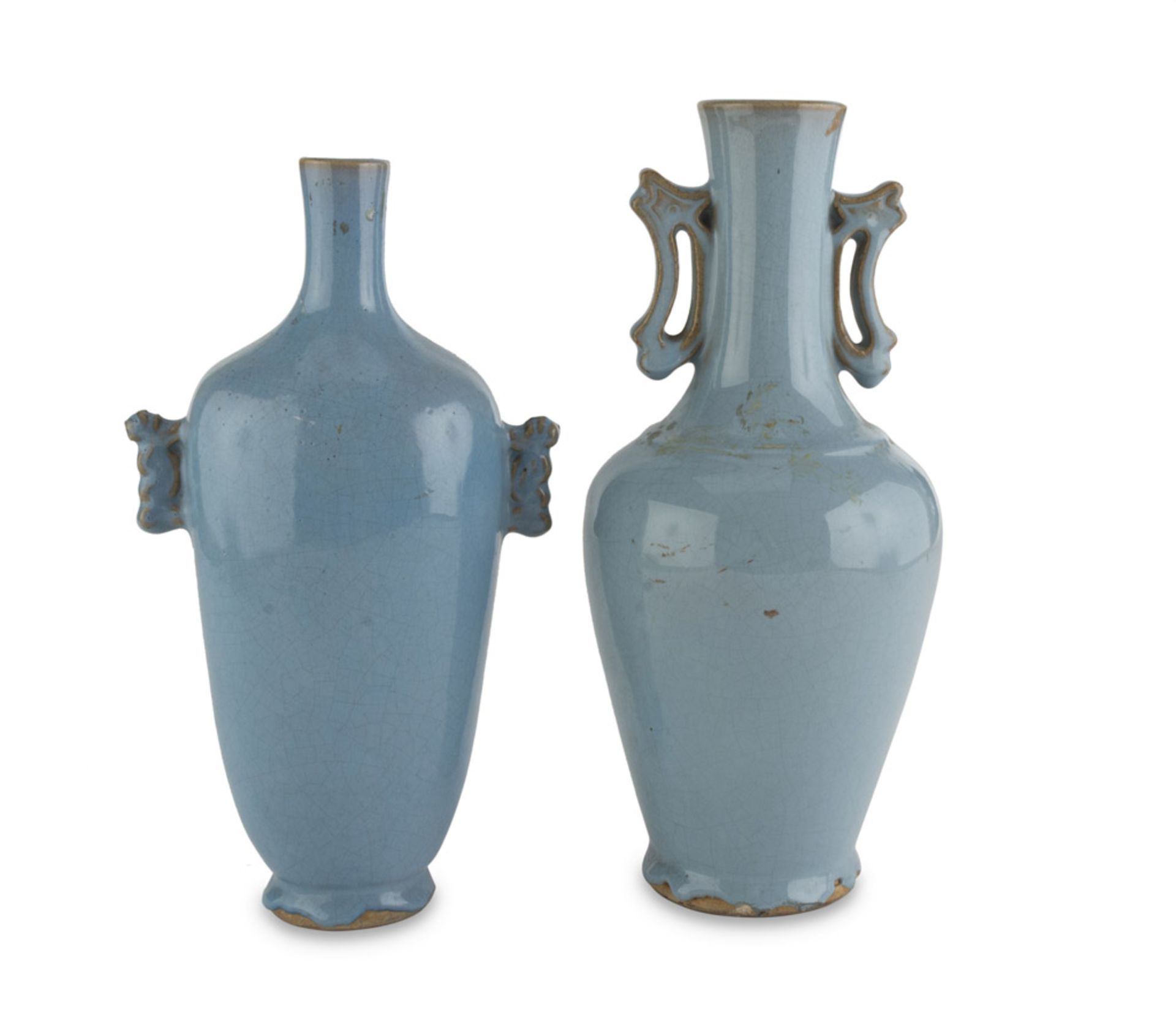 TWO TURQUOISE GLAZED PORCELAIN VASES, CHINA 20TH CENTURY bodies decorated with geometric handles.