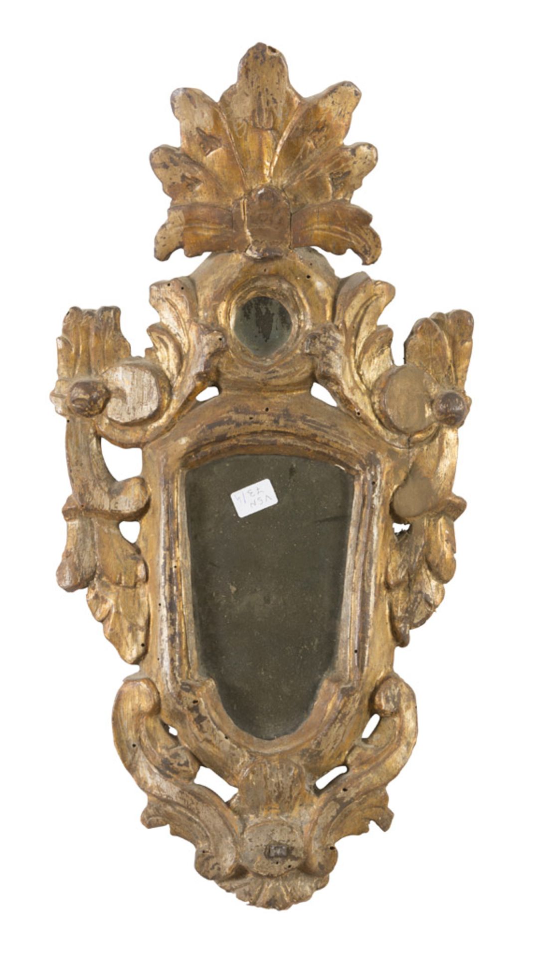 FOUR SMALL SMALL MIRRORS IN GILTWOOD, PROBABLY UMBRIA 18TH CENTURY frames sculpted to leaves,