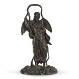 BURNISHED PATINA BRONZE SCULPTURE, JAPAN 20TH CENTURY representing Kannon observing the worries of