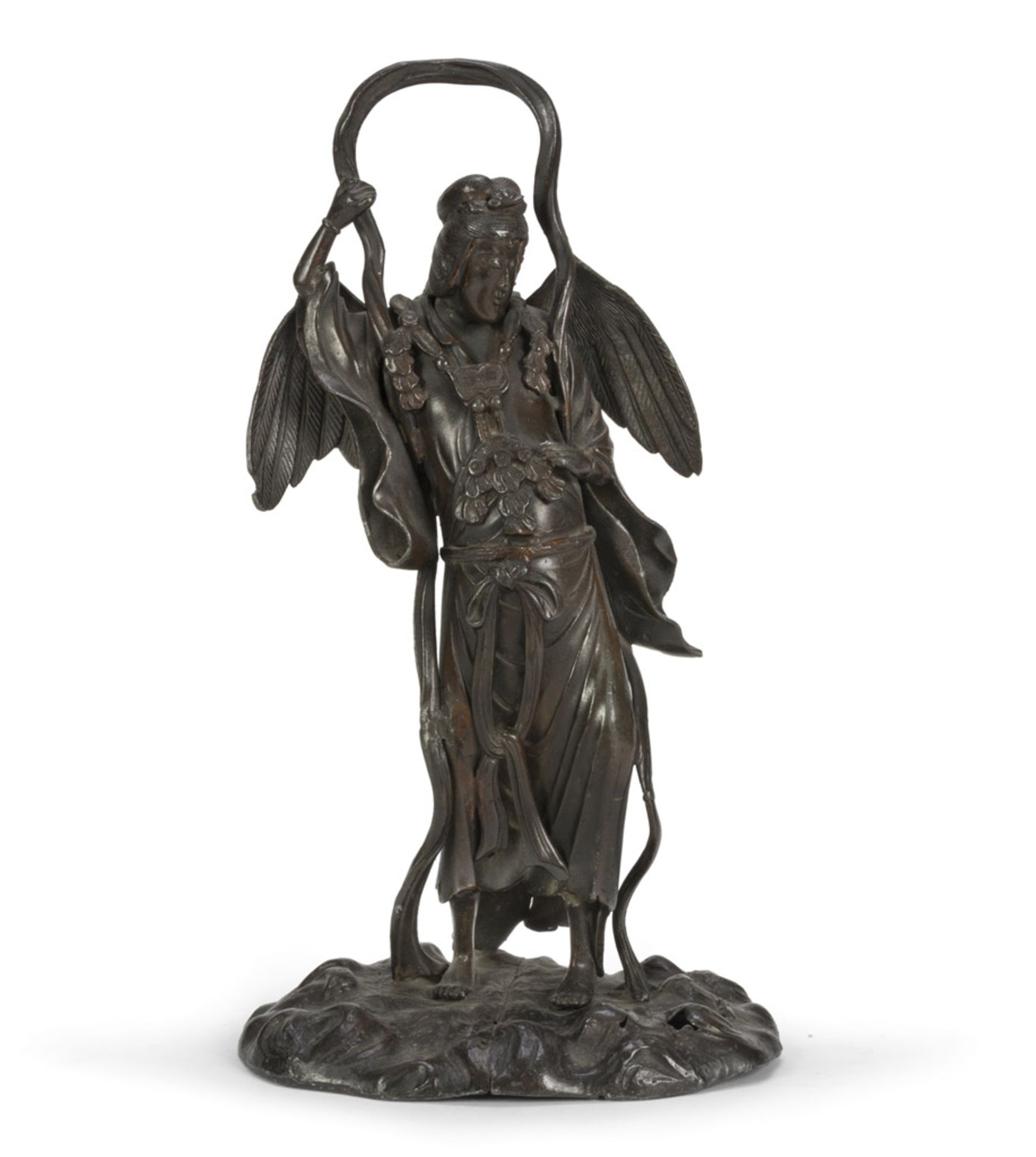 BURNISHED PATINA BRONZE SCULPTURE, JAPAN 20TH CENTURY representing Kannon observing the worries of