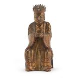 LACQUERED WOOD SCULPTURE, CHINA EARLY 20TH CENTURY representing a deified emperor. Measures 30 x