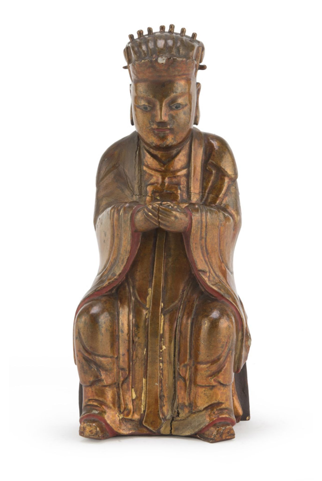 LACQUERED WOOD SCULPTURE, CHINA EARLY 20TH CENTURY representing a deified emperor. Measures 30 x