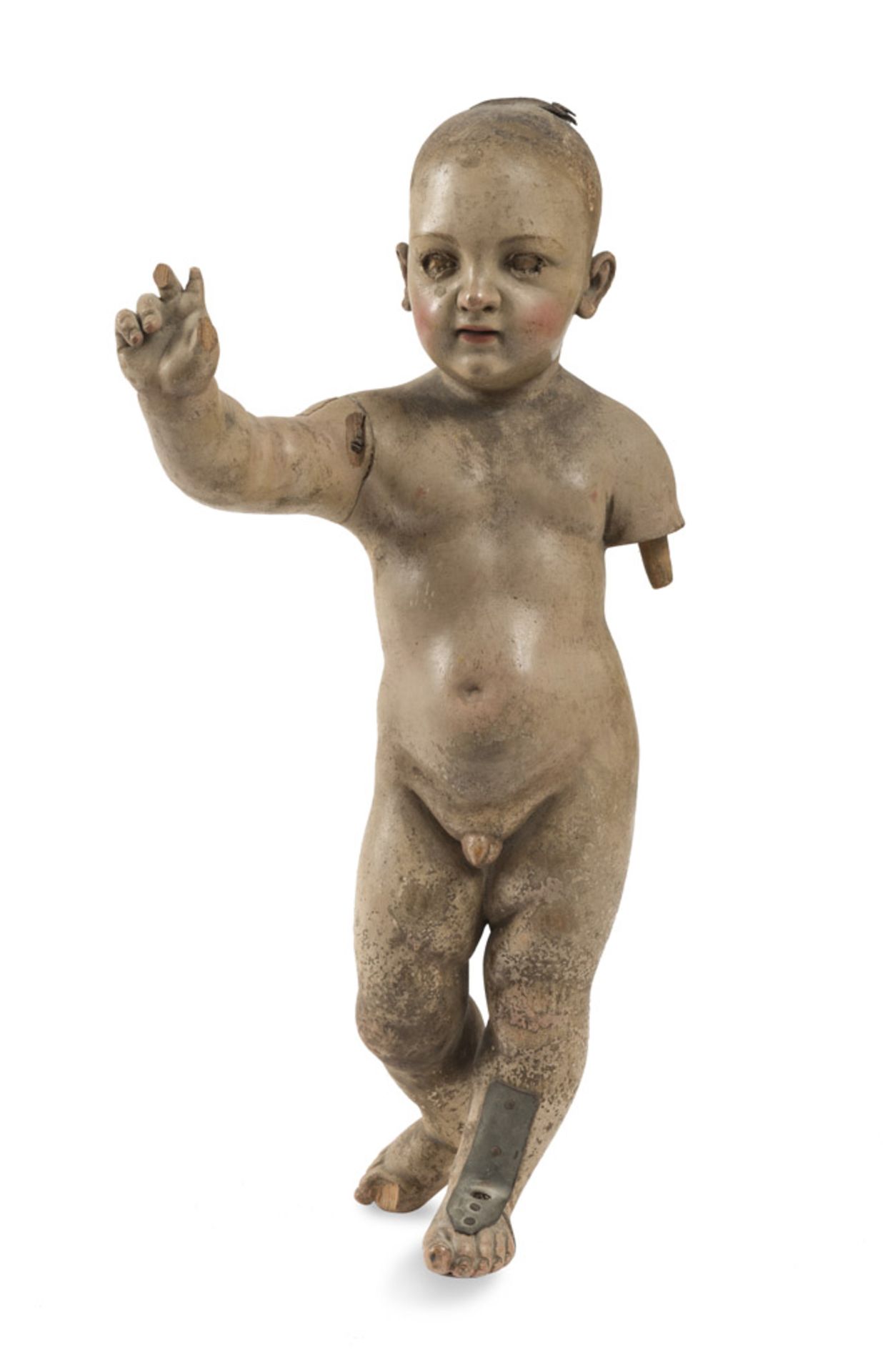 PUTTO SCULPTURE IN LACQUERED WOOD, PROBABLY NAPLES, EARLY 19TH CENTURY standing upright with a