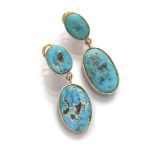 BEAUTIFUL EARRINGS in yellow gold 18 kts., with pendants of oval cut turquoise. Length cm. 4,5,