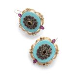 BEAUTIFUL PAIR OF EARRINGS in yellow gold and silver, with turquoise framed by a ribbon in gold