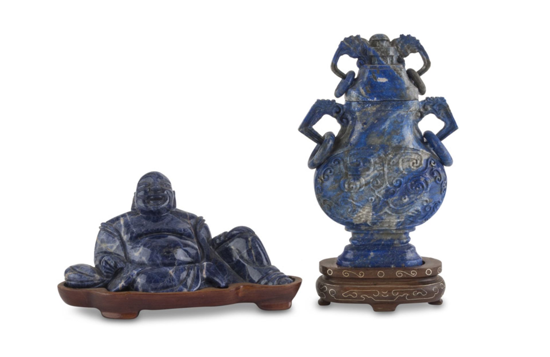A SODALITE SCULPTURE AND A LAPIS LAZULI VASE, CHINA 20TH CENTURY the sculpture representing Budai.