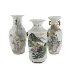THREE POLYCHROME ENAMELLED PORCELAIN VASES, CHINA 20TH CENTURY decorated with landscape, literary