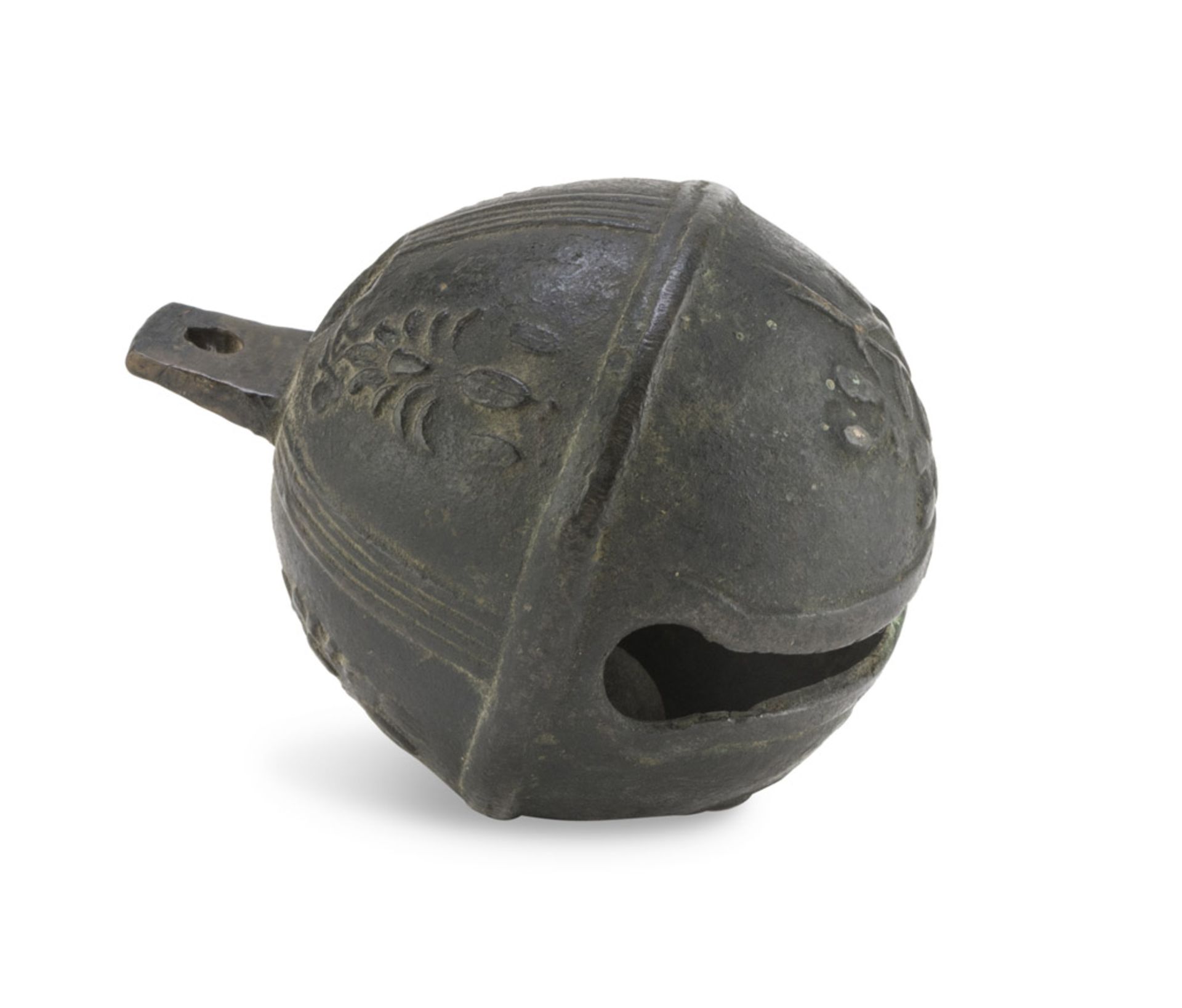 RARE SMALL BELL IN BRONZE, 16TH CENTURY sphere body, chiseled to floral motifs. Measures cm. 9 x