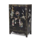 SMALL SIDEBOARD IN LACQUERED WOOD, CHINA 20TH CENTURY black ground, with scene of village in