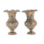 A PAIR OF VASES IN SILVER-PLATED COPPER, 19TH CENTURY with embossed body. Measures cm. 21 x 15.