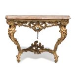 BEAUTIFUL CONSOLE IN YELLOW AND GOLD LACQUERED WOOD, PIEDMONT SECOLO top in African marble. Front