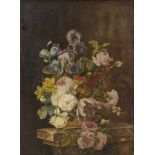 FRENCH PAINTER, 19TH CENTURY STILL LIFE OF FLOWERS ON MARBLE SHELF Oil on panel, cm. 60 x 45,5 Black