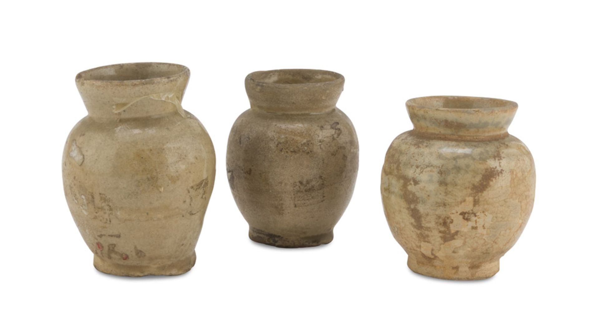 THREE SMALL CERAMIC JARS, VIETNAM 12TH-14TH CENTURY decorated with glazes color ivory. Large