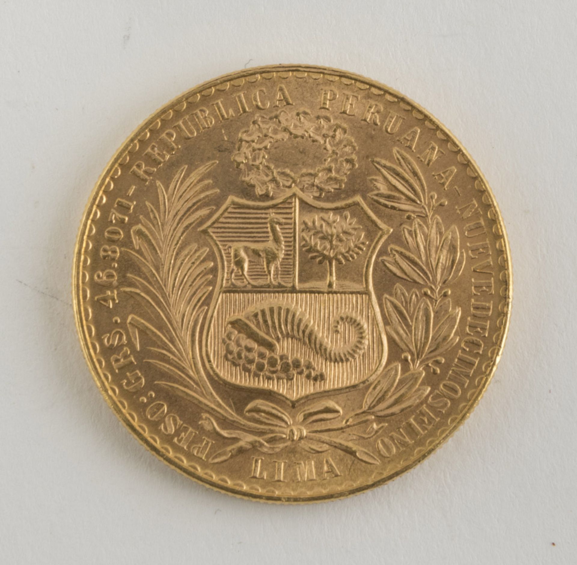 GOLD COIN OF 100 SOLESS, PERU 1964 with bas-relief decorations. Gold (AU). Km #231 900%. Maintenance - Bild 2 aus 2