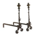 BEAUTIFUL PAIR OF FIREDOGS IN IRON, CENTRAL ITALY 17TH CENTURY with baluster upright and superior