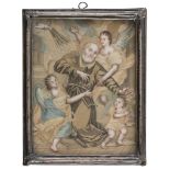 QUILT ON PRINT, EARLY 19TH CENTURY representing 'Ecstasy of St. Phillip Neri.' Frame in silver-