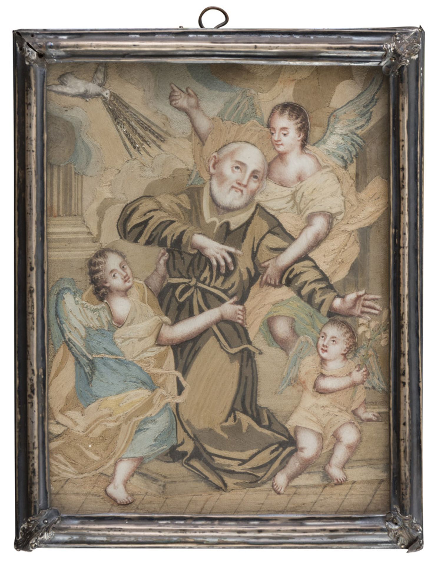 QUILT ON PRINT, EARLY 19TH CENTURY representing 'Ecstasy of St. Phillip Neri.' Frame in silver-