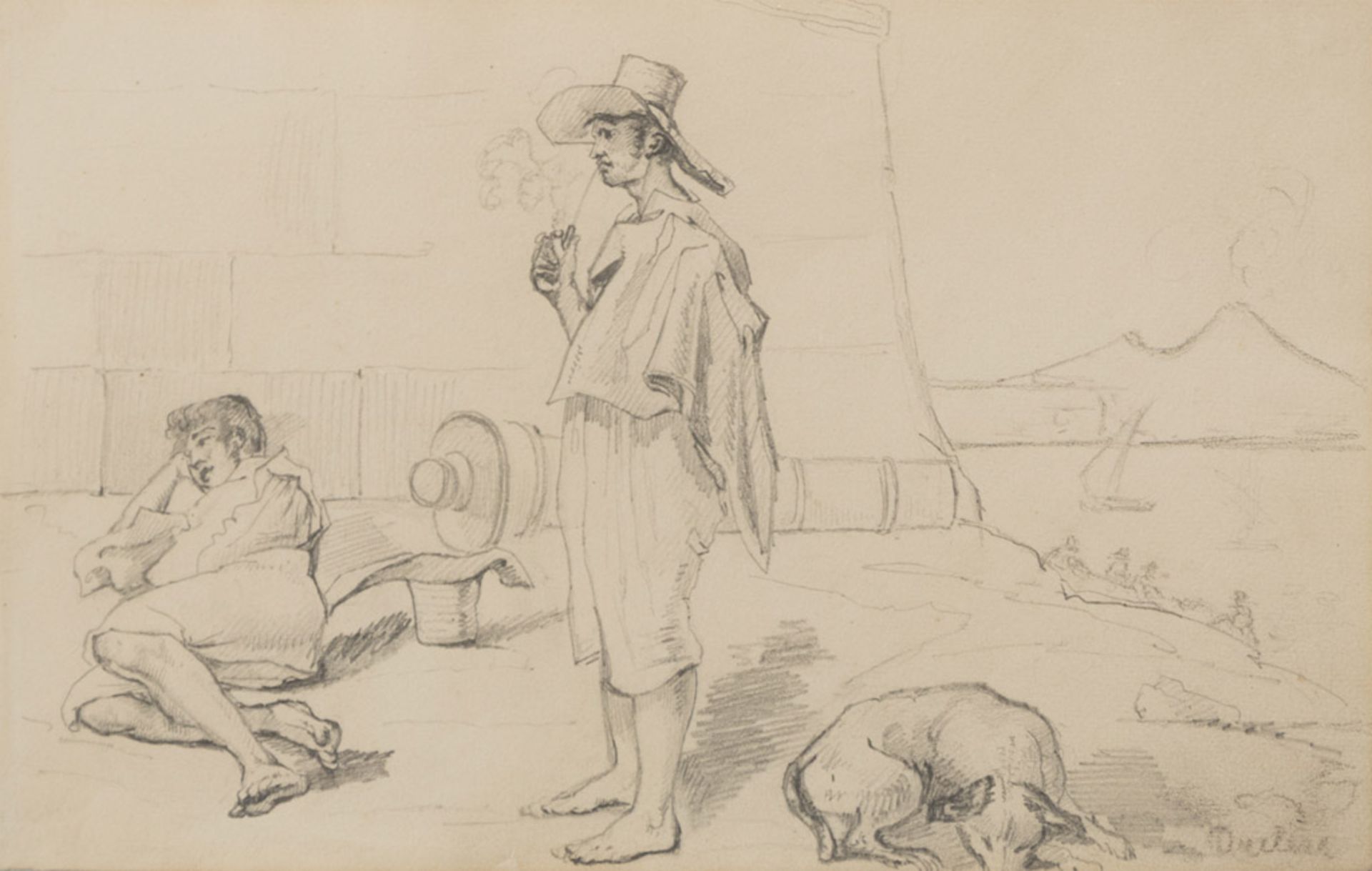 THEODORE DUCLERE (Naples 1816 - 1869) MEN IN NAPLES FISHERMEN Pair of pencils on yellow paper, cm. - Image 2 of 2