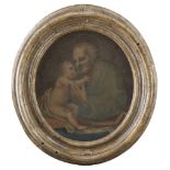 ITALIAN ENGRAVER, 19TH CENTURY ST. JOSEPH WITH CHILD Oval colored engraving, cm. 12 x 13 Silver-