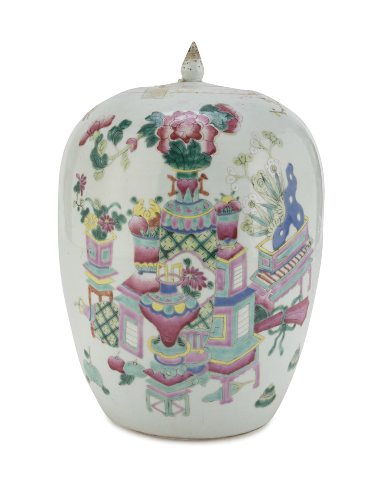 POLYCHROME ENAMELLED PORCELAIN POTICHE, CHINA 19TH CENTURY decorated with peacock, big peonies and
