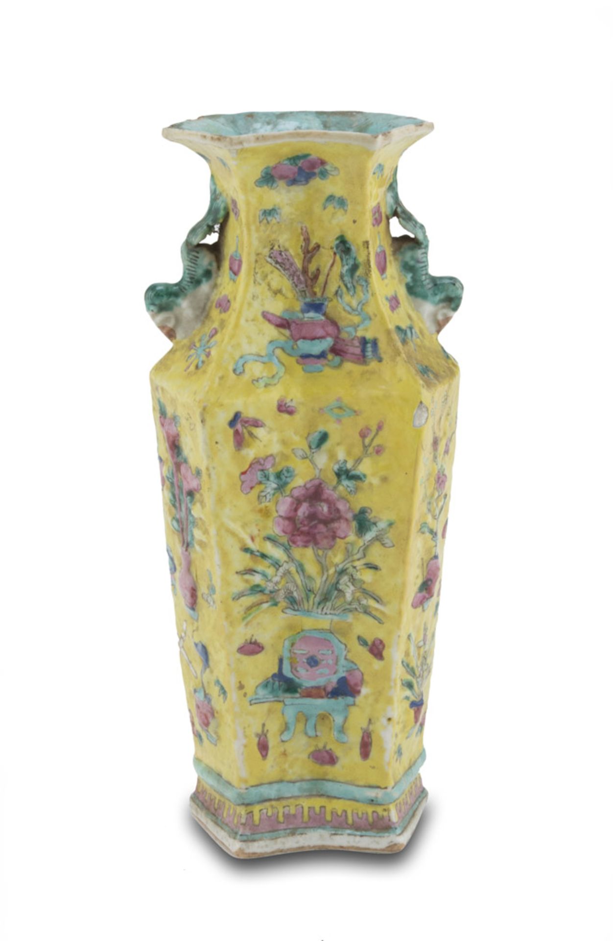 POLYCHROME ENAMELLED PORCELAIN vase, China 19TH CENTURY decorated with symbolic treasures and floral