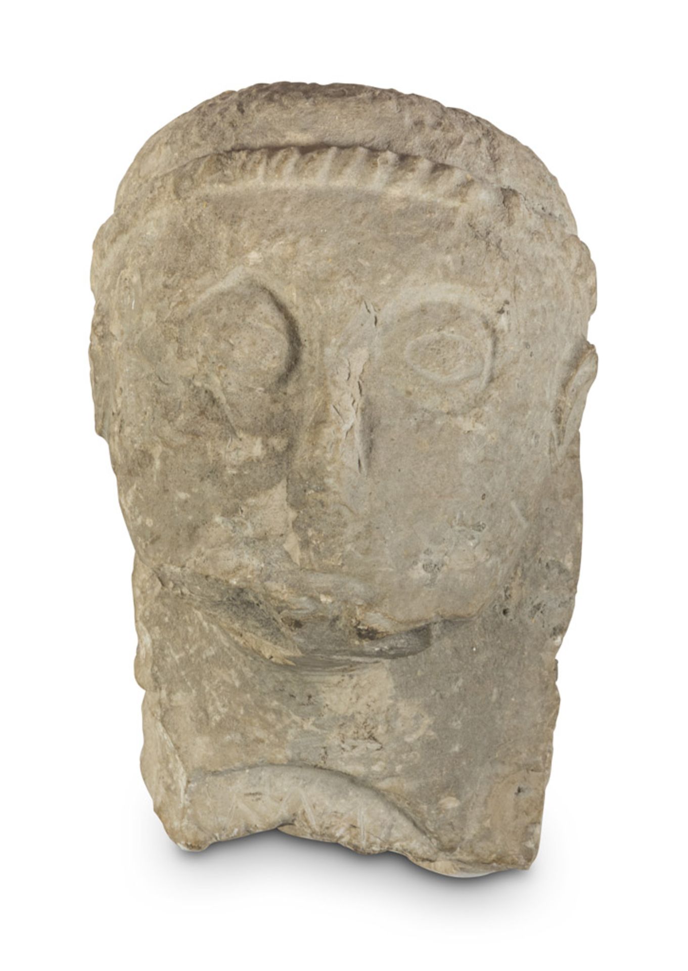 RARE STONE SCULPTURE, MEDIEVAL PERIOD representing face of monk, with cubic upright. Measures cm. 33