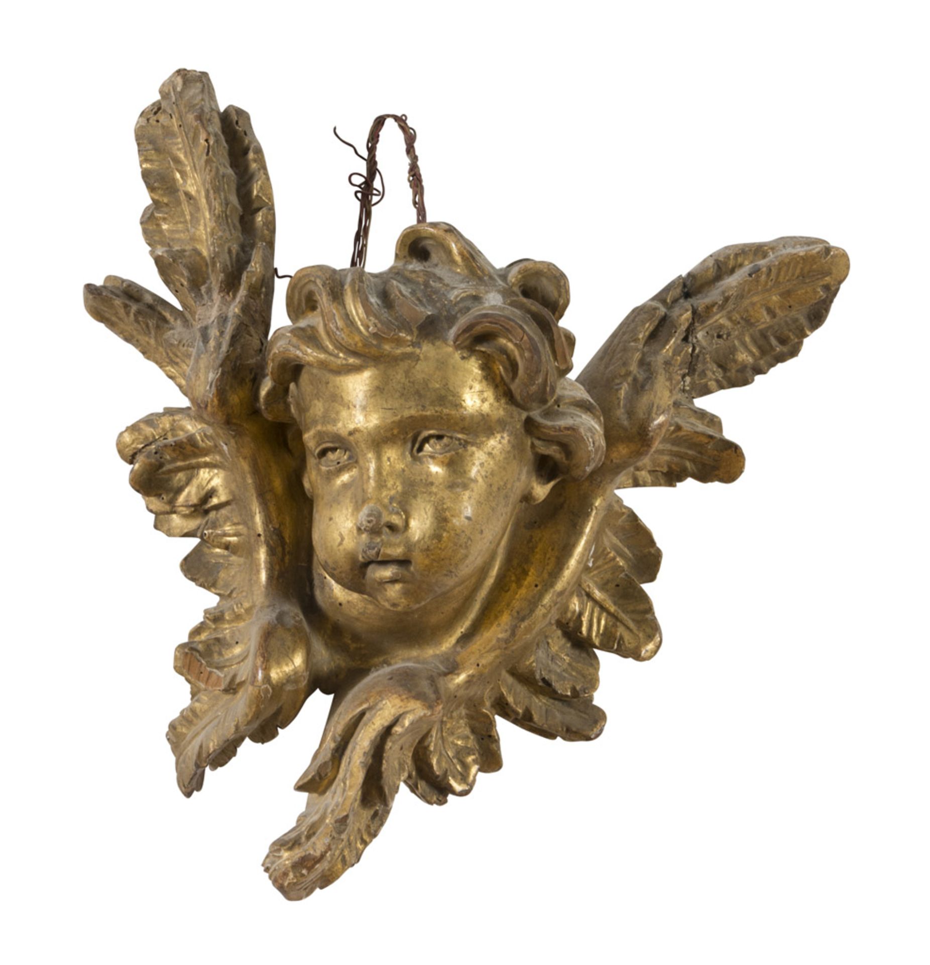 SCULPTURE OF HEAD OF CHERUB IN GILTWOOD, ROME PERIODO BAROQUE with slightly inclined head and - Bild 2 aus 2