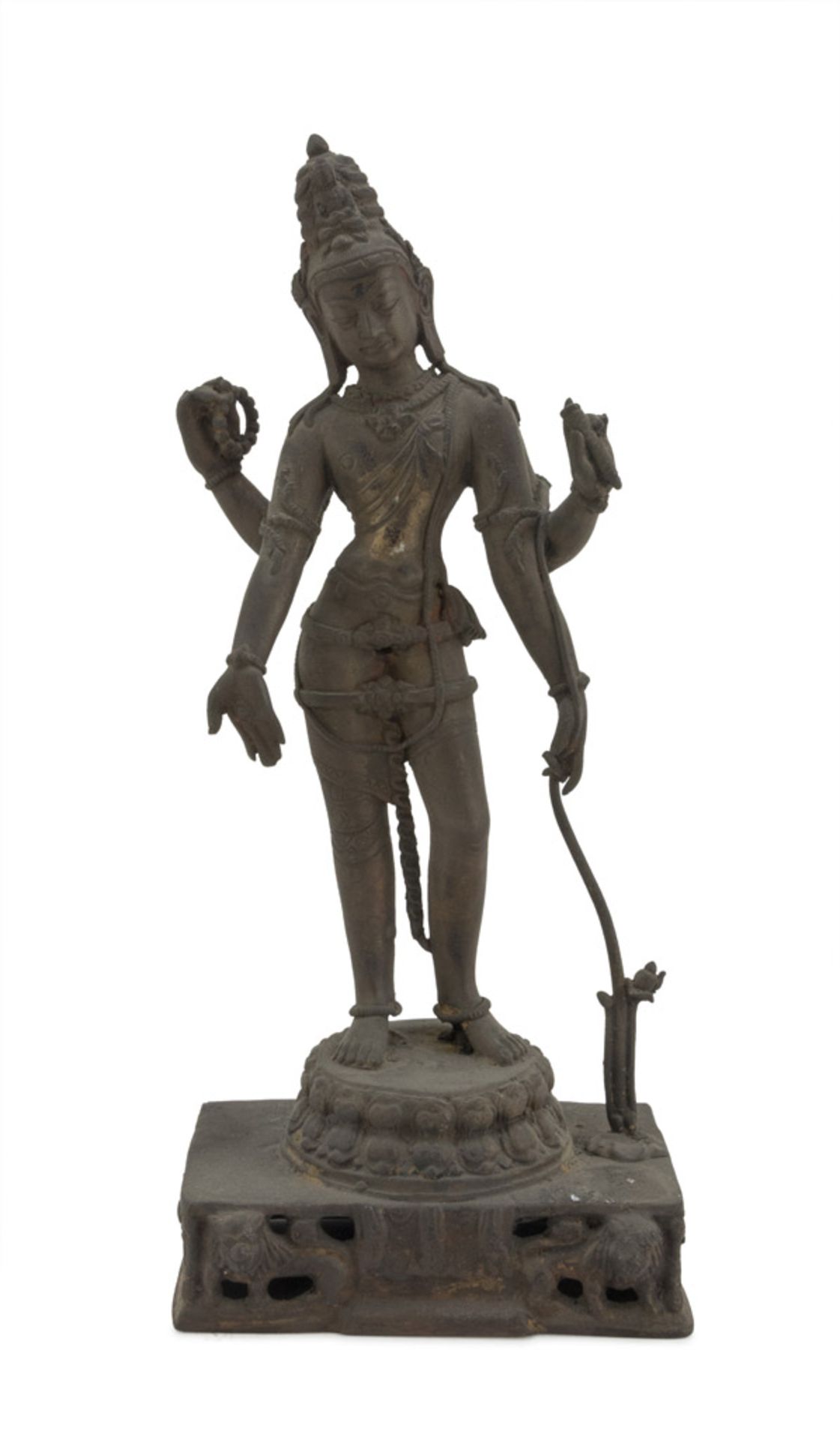 BRONZE SCULPTURE WITH BURNISHED PATINA, INDIA EARLY 20TH CENTURY representing Shiva supported by a