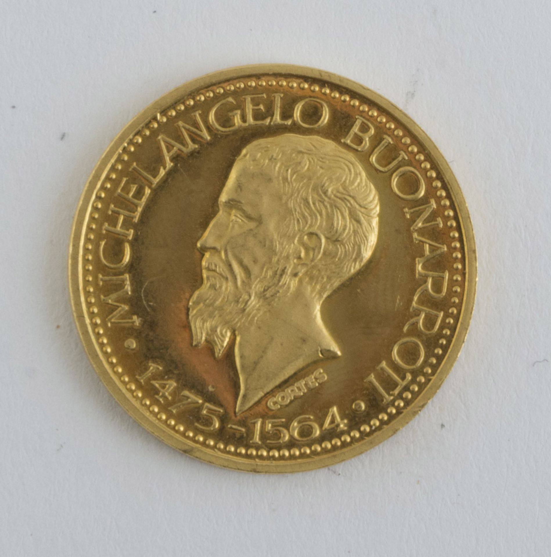 GOLD COIN with bas-relief profile of Michelangelo Buonarroti. Measures mm. 21,20, weight gr. 6,45. - Bild 2 aus 2