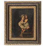CARAVAGGESQUE PAINTER, CENTRAL ITALY 17TH CENTURY VIRGIN WITH CHILD Oil on panel, cm. 36 x 29