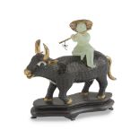 GROUP IN METAL AND JADE, CHINA 20TH CENTURY representing a water buffalo that supports a child
